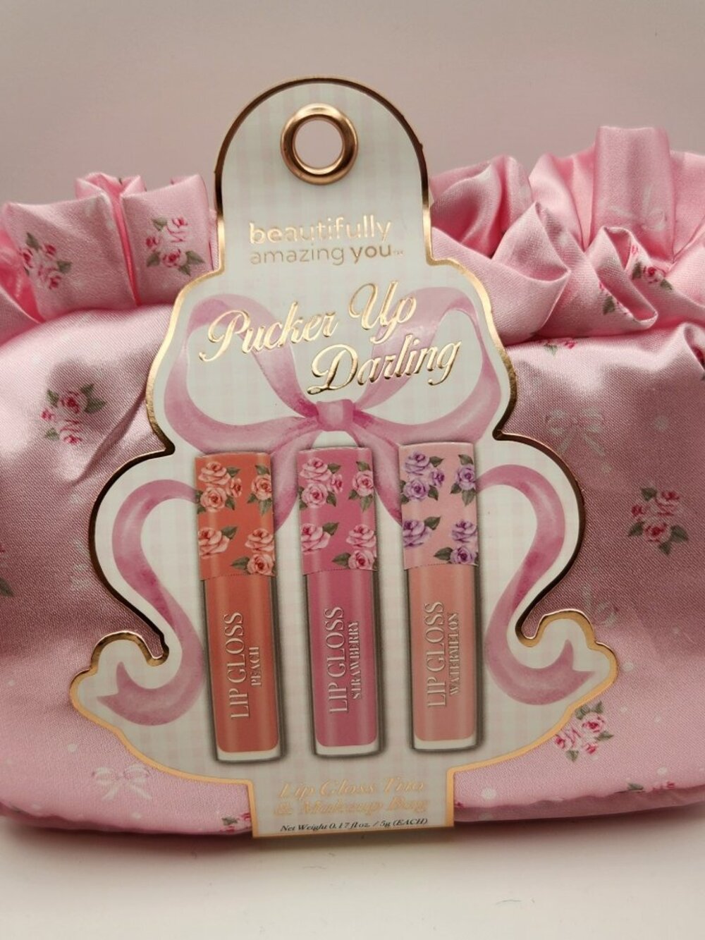 Beautifully Amazing You Pucker Up Darling lip gloss trio & makeup bag NIP